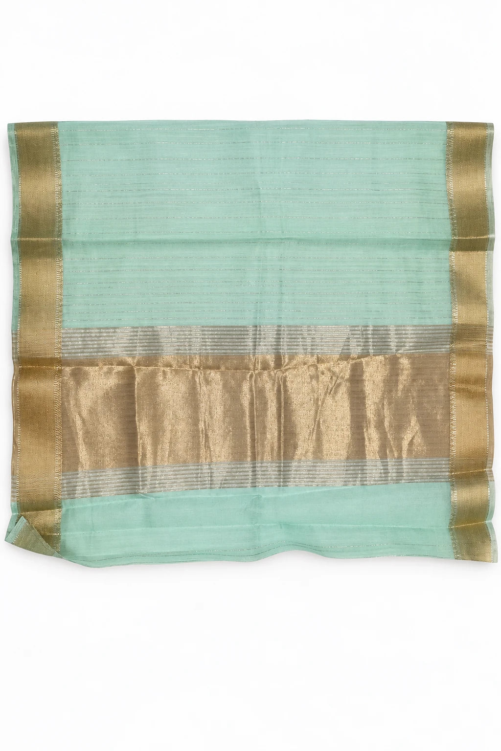 Amrita — Mint Gold Border Saree, retouched pallu detail on a clean background