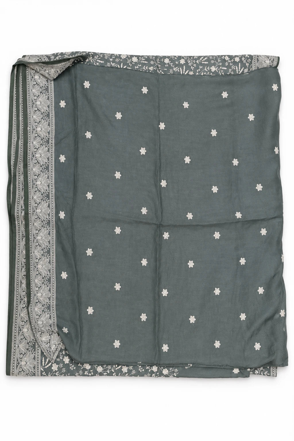 Dhriti — Sage Grey Floral Vine Saree, retouched body & floral border on a clean background