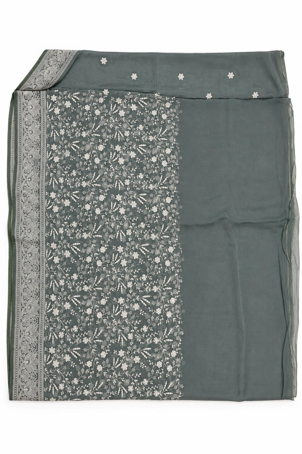Dhriti — Sage Grey Floral Vine Saree, retouched pallu & plain contrast on a clean background