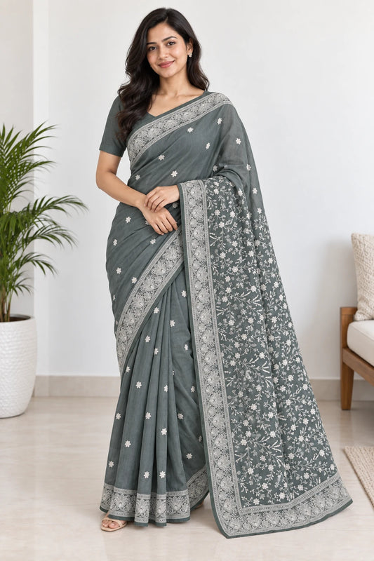Dhriti — Sage Grey Floral Vine Saree, model-worn styling photograph