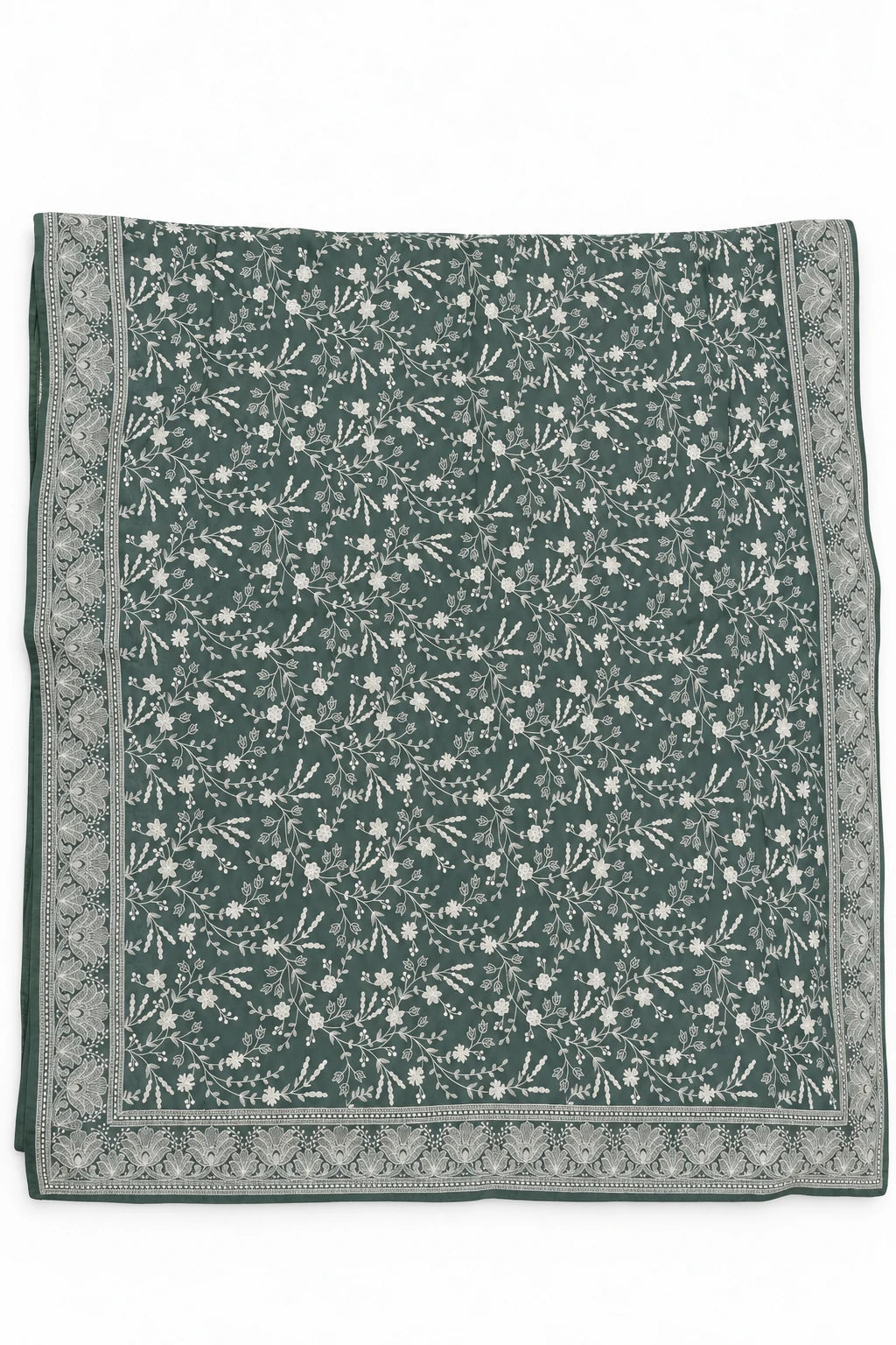 Dhriti — Sage Grey Floral Vine Saree, retouched floral-vine pallu on a clean background