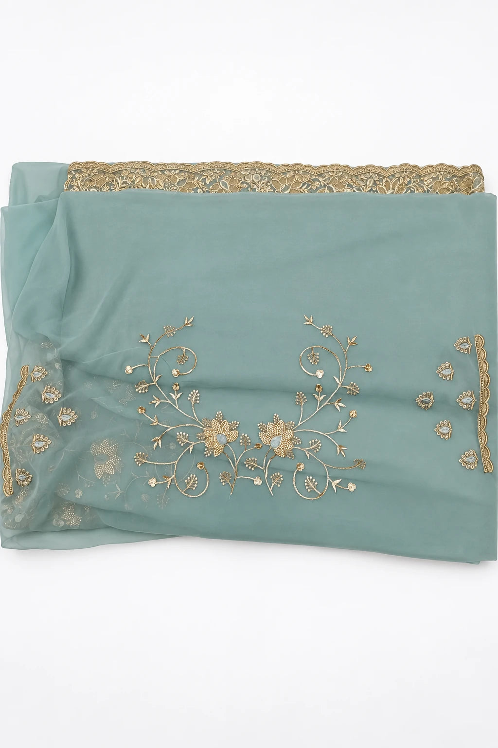 Ishita — Seafoam Floral Vine Saree, retouched coordinating fabric on a clean background