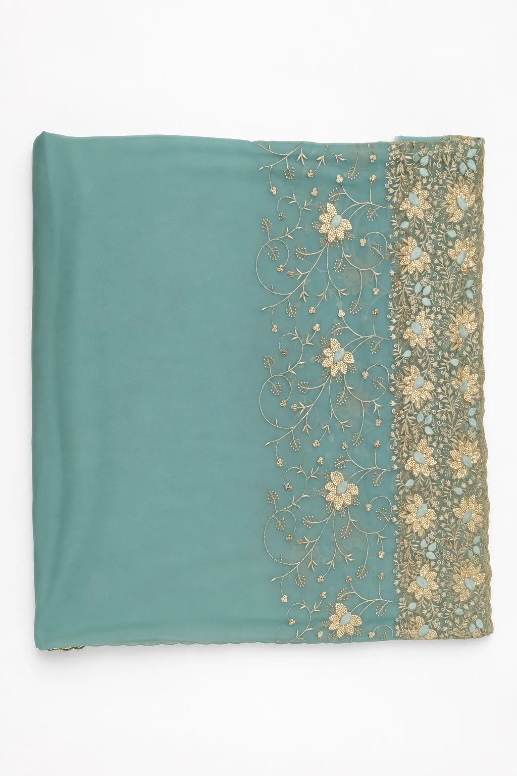 Ishita — Seafoam Floral Vine Saree, retouched body & floral border on a clean background
