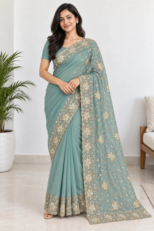 Ishita — Seafoam Floral Vine Saree, model-worn styling photograph