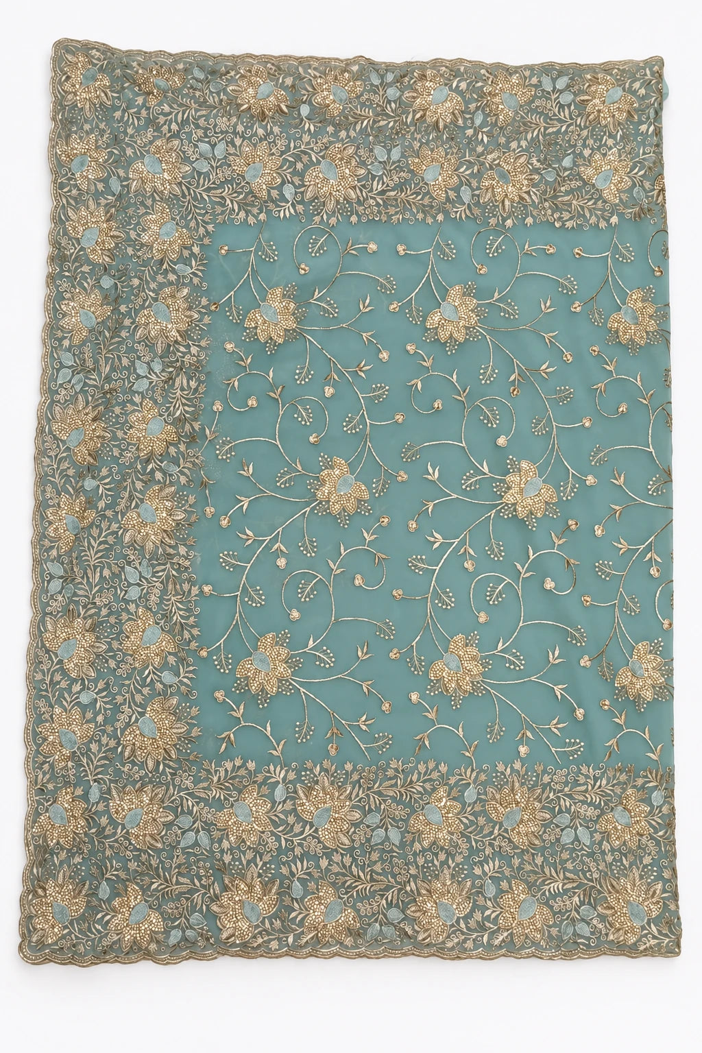 Ishita — Seafoam Floral Vine Saree, retouched floral-vine pallu on a clean background