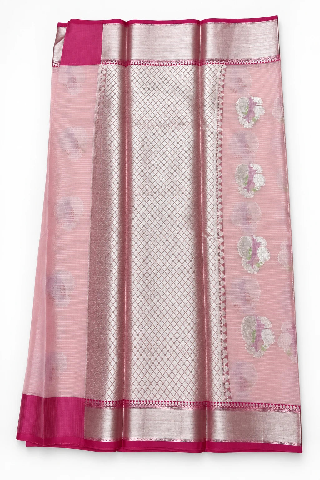 Krisha — Blush Magenta Motif Saree, retouched lattice pallu detail on a clean background