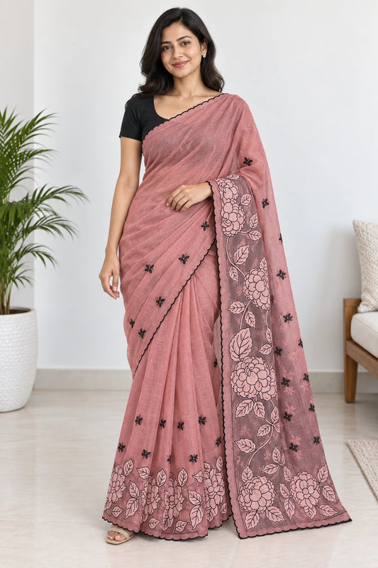 Lalita — Rose Black Floral Border Saree, model-worn styling photograph