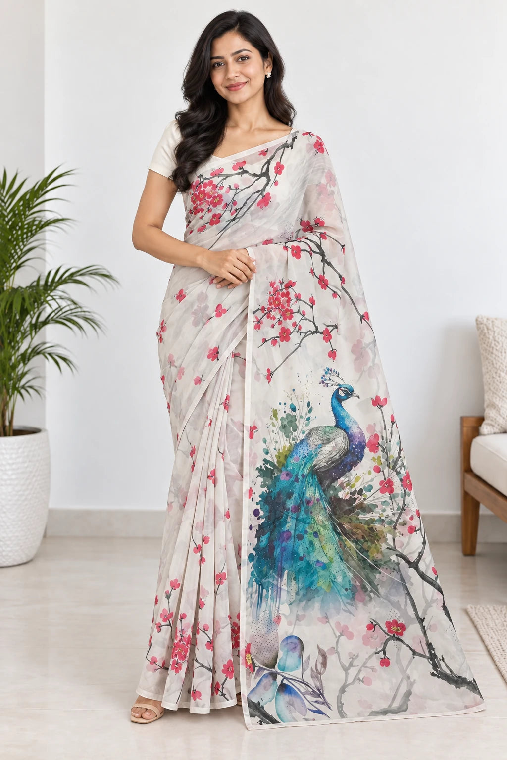 Manasvi — Ivory Peacock Blossom Saree, model-worn styling photograph