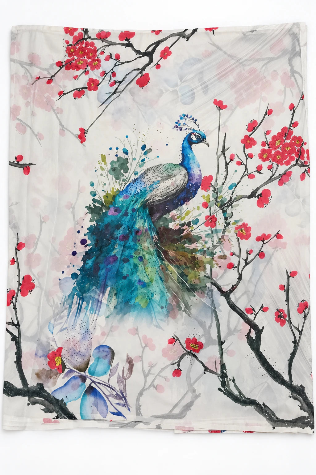 Manasvi — Ivory Peacock Blossom Saree, retouched peacock & blossom detail on a clean background
