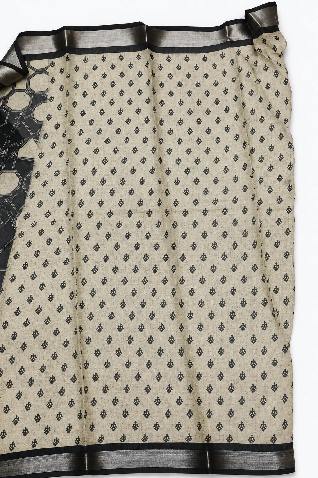 Nandita — Black Gold Geometric Saree, retouched small-motif contrast on a clean background