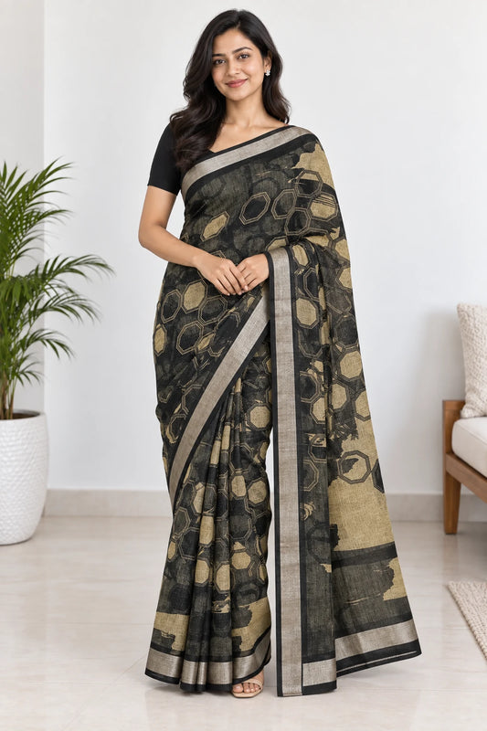 Nandita — Black Gold Geometric Saree, model-worn styling photograph