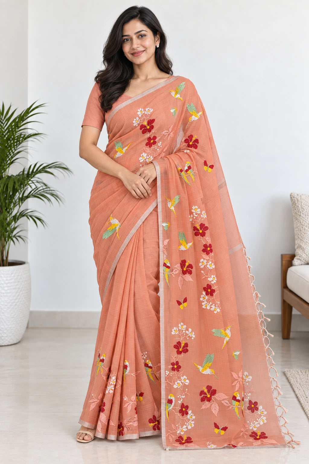 Pakhi — Peach Bird Garden Saree, model-worn styling photograph