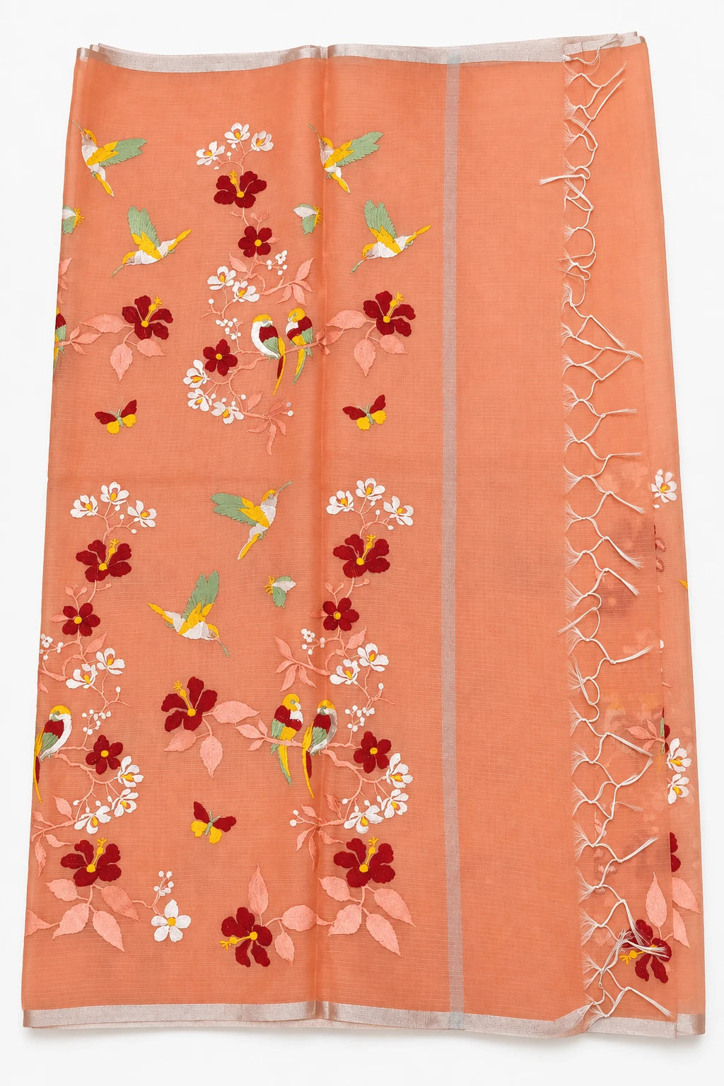 Pakhi — Peach Bird Garden Saree, retouched pallu & tassels on a clean background