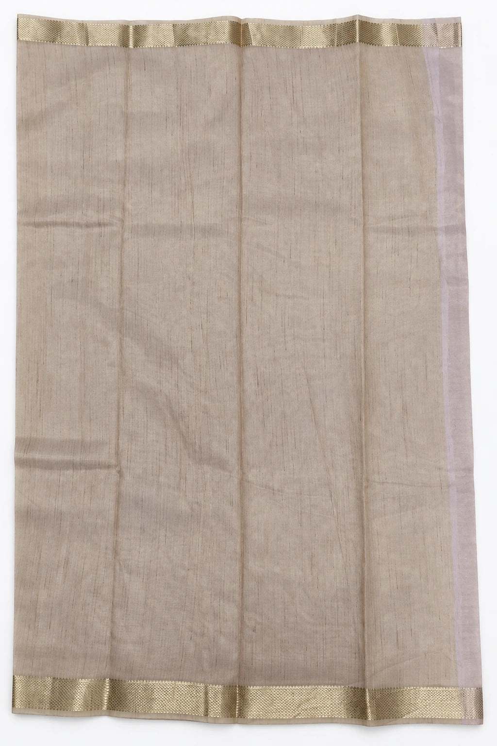 Revathi — Taupe Gold Border Saree, retouched body & border on a clean background