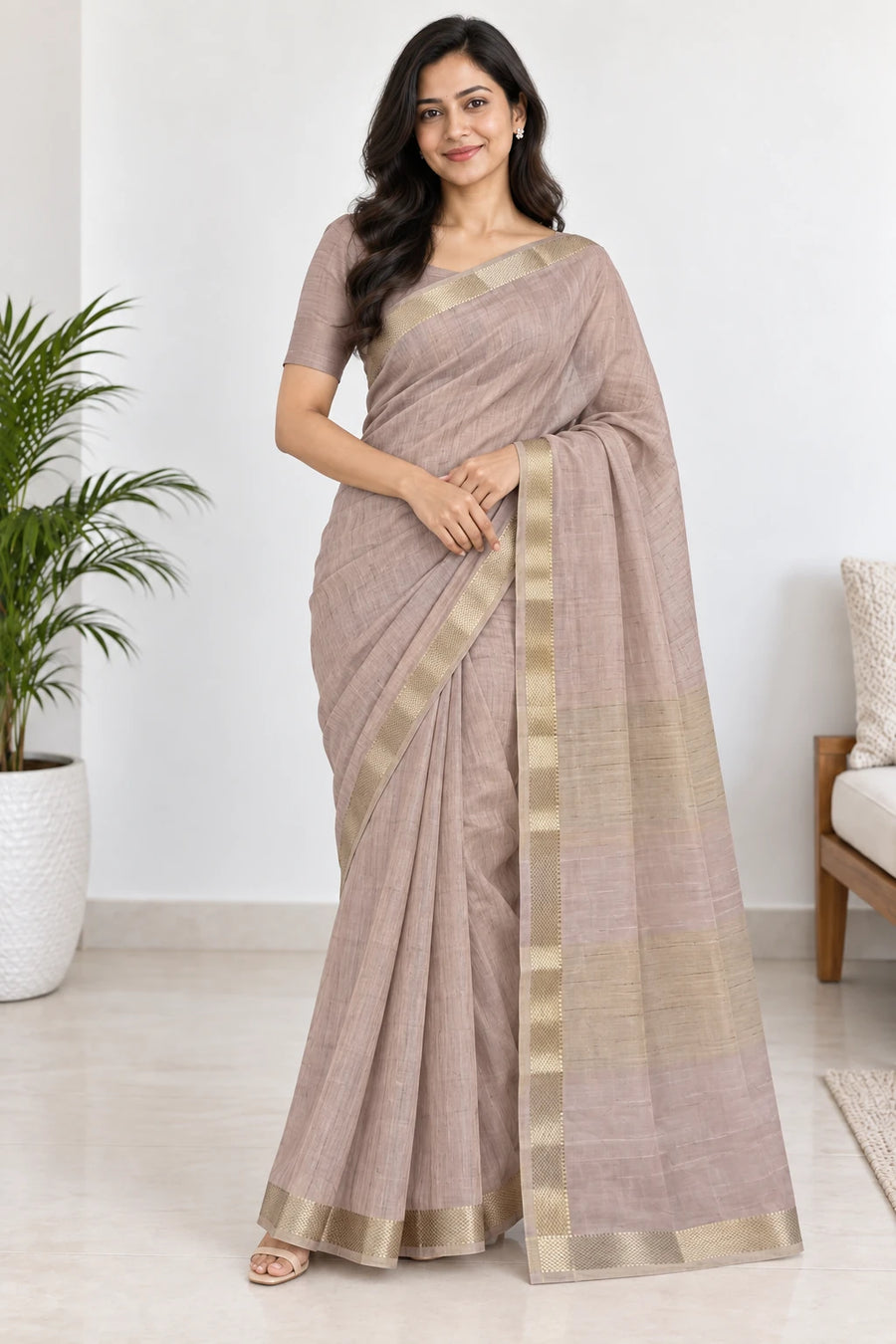 Revathi — Taupe Gold Border Saree