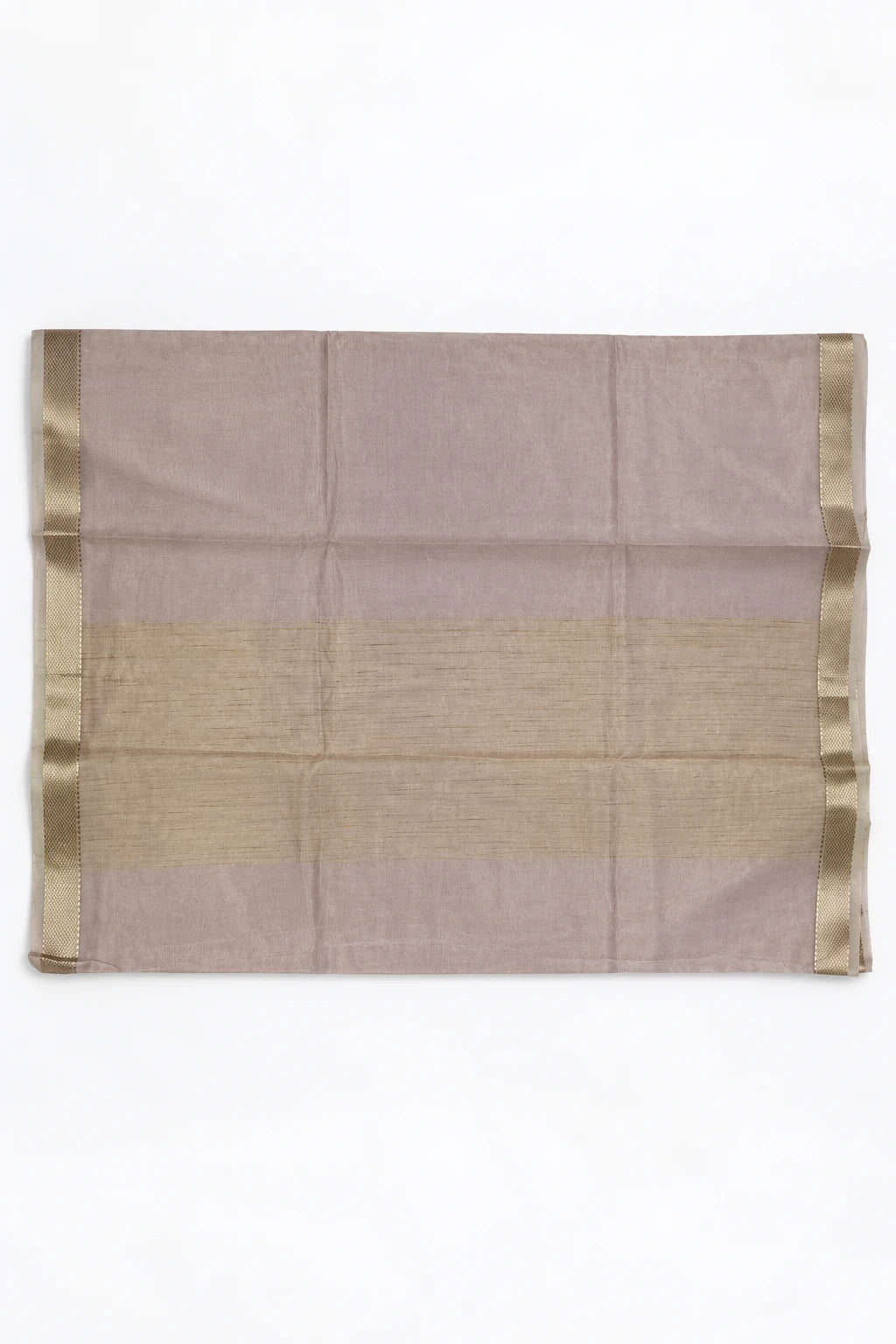 Revathi — Taupe Gold Border Saree, retouched pallu detail on a clean background