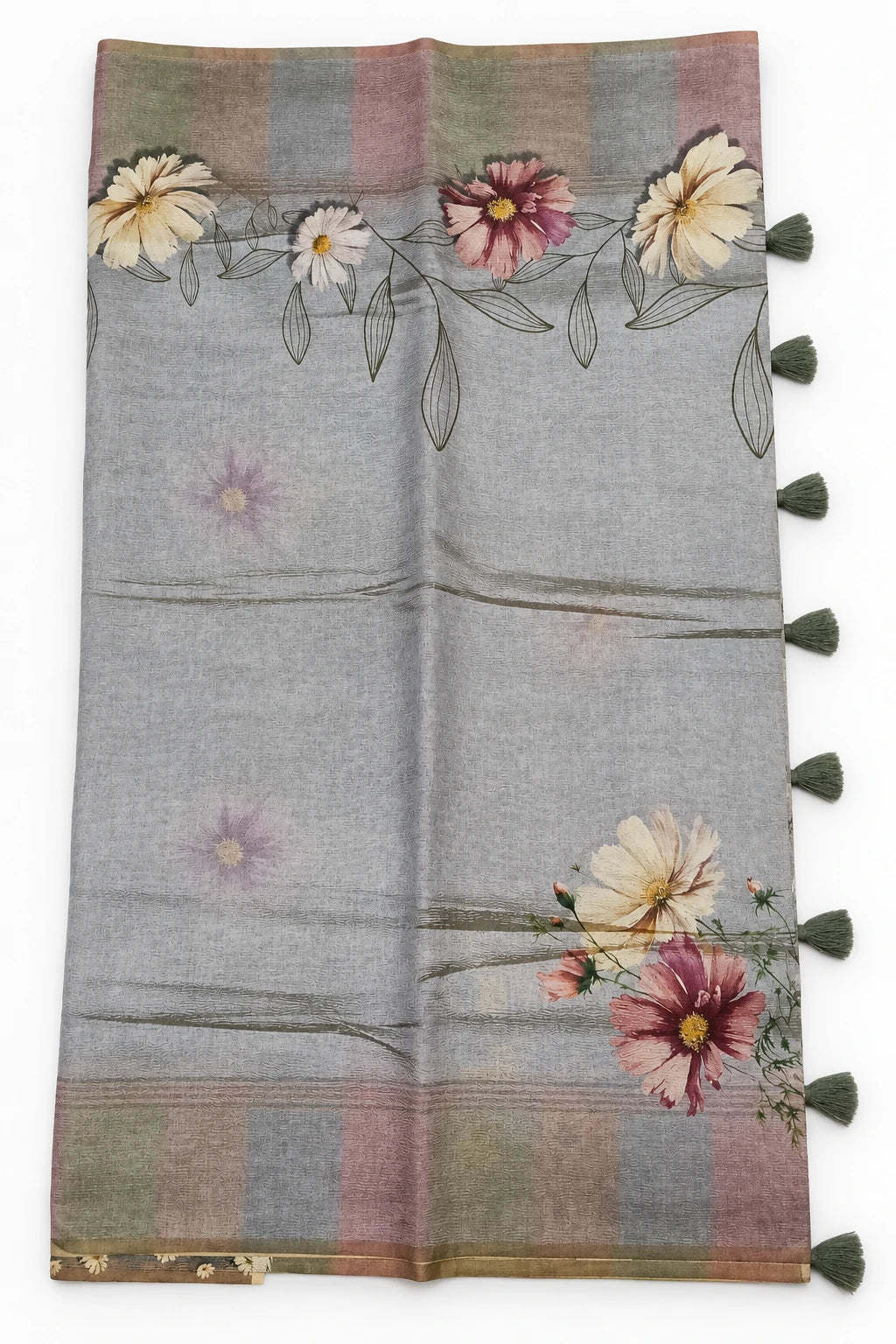 Ruhani — Grey Mauve Wildflower Saree, retouched body & floral placement on a clean background