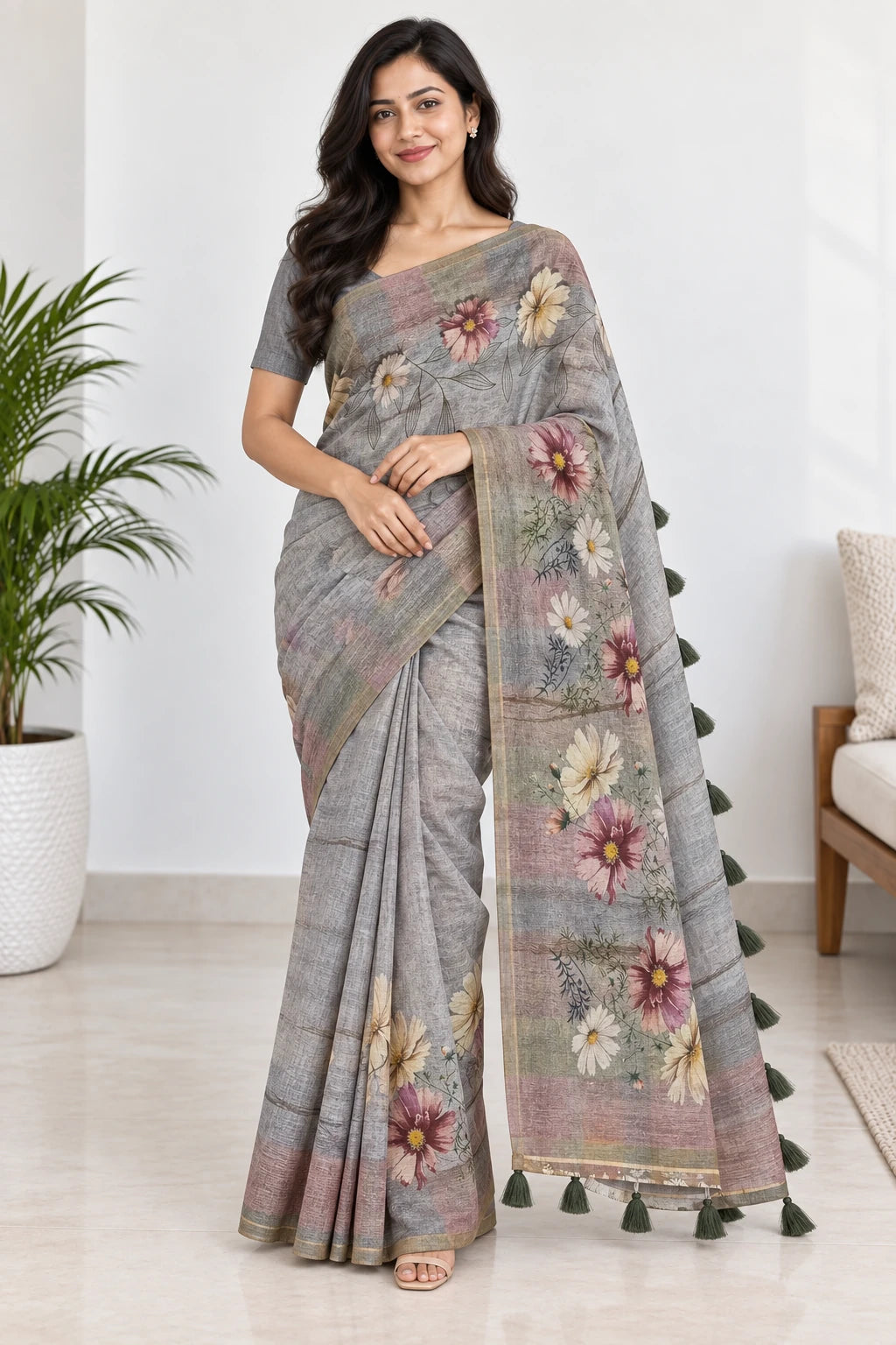 Ruhani — Grey Mauve Wildflower Saree, model-worn styling photograph