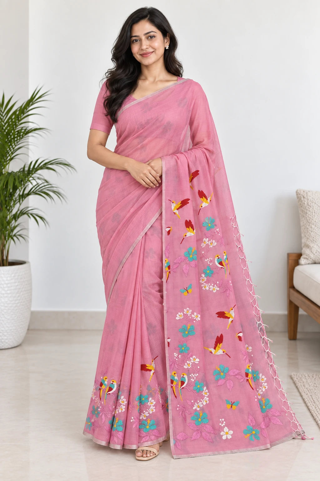 Shanaya — Pink Bird Garden Saree, model-worn styling photograph