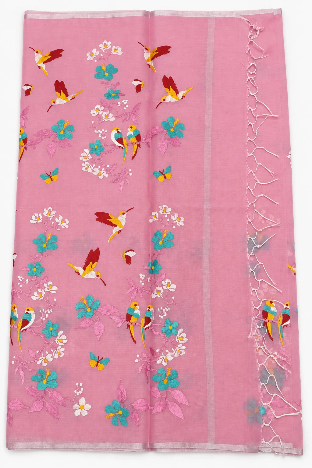Shanaya — Pink Bird Garden Saree, retouched pallu & tassels on a clean background