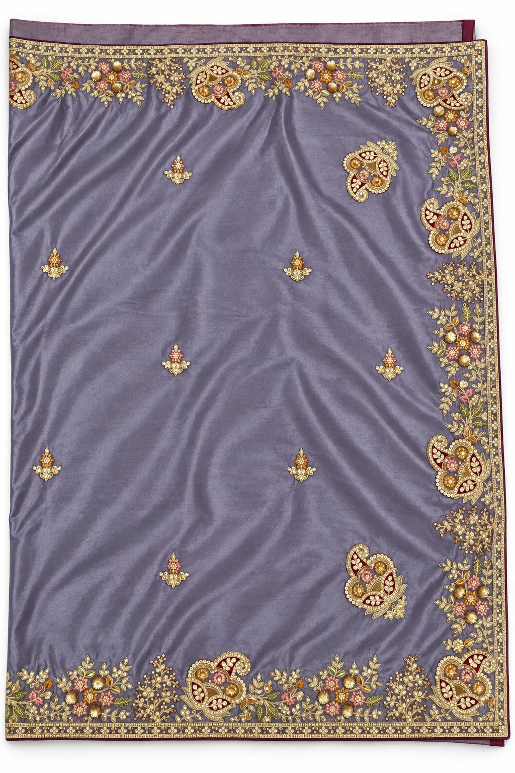 Srishti — Slate Lilac Ornate Border Saree, retouched saree & ornate border on a clean background