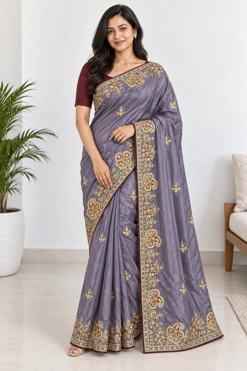 Srishti — Slate Lilac Ornate Border Saree, model-worn styling photograph