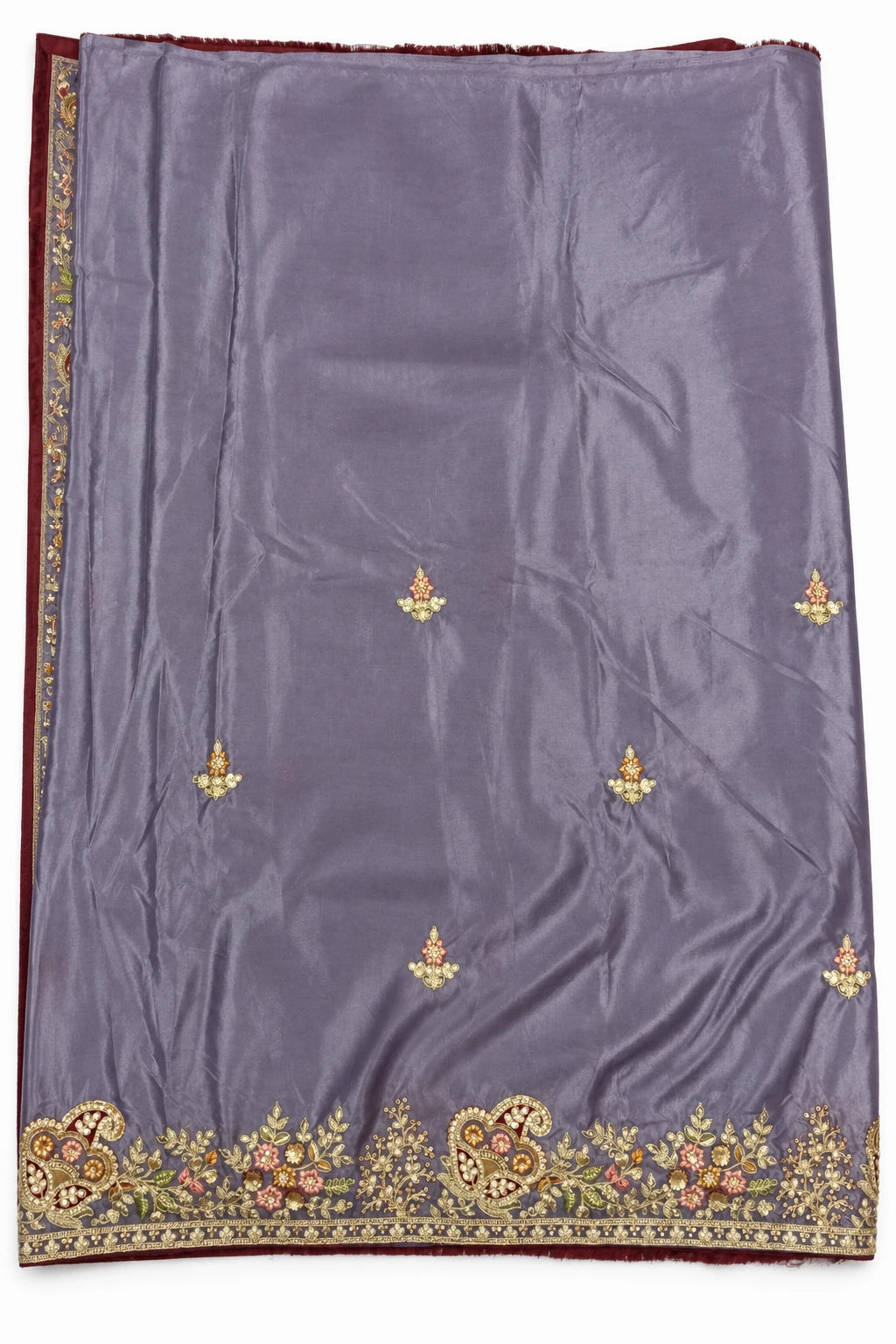 Srishti — Slate Lilac Ornate Border Saree, retouched unfolded garment view on a clean background