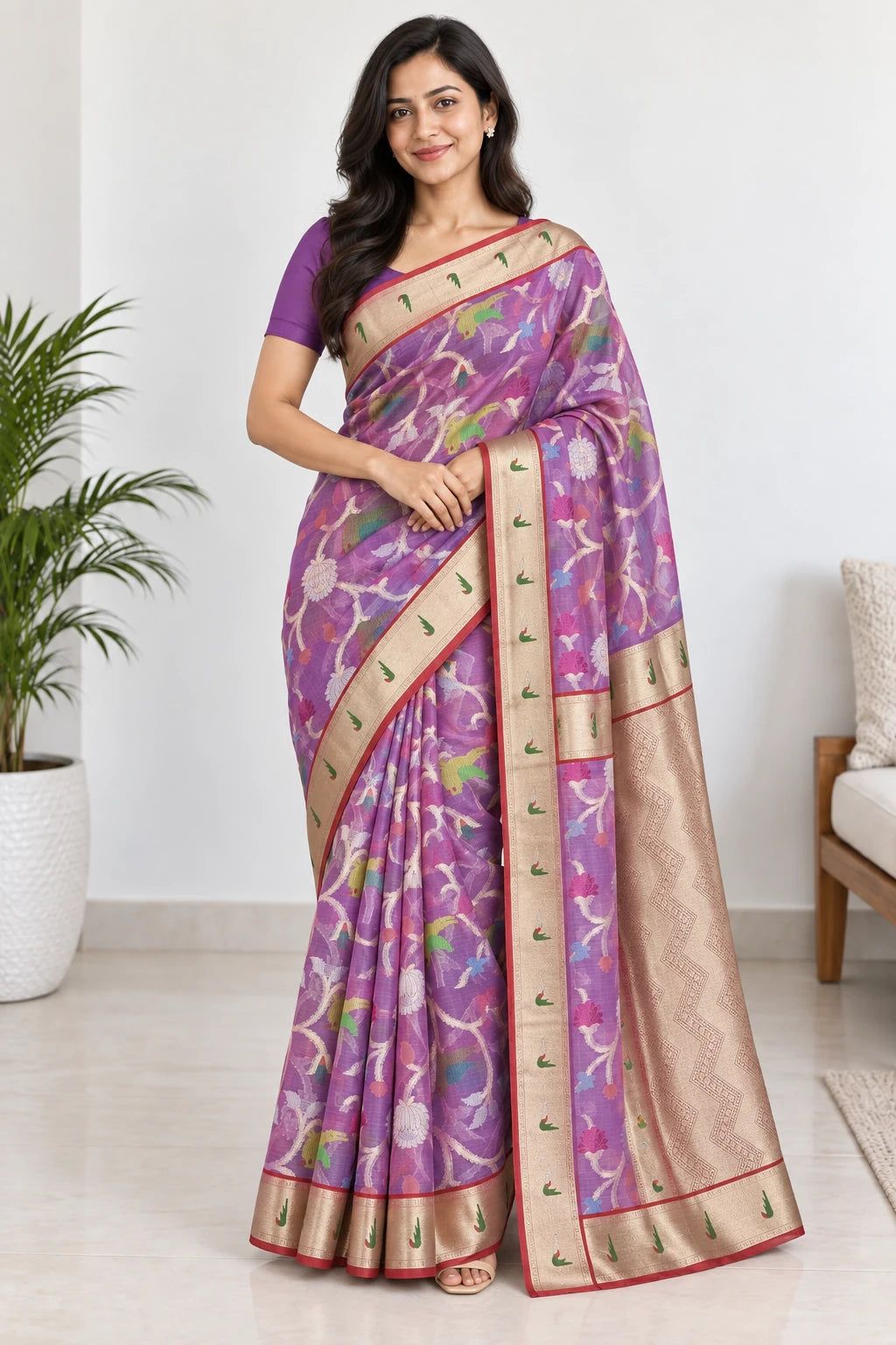 Tanvika — Violet Gold Floral Saree, model-worn styling photograph