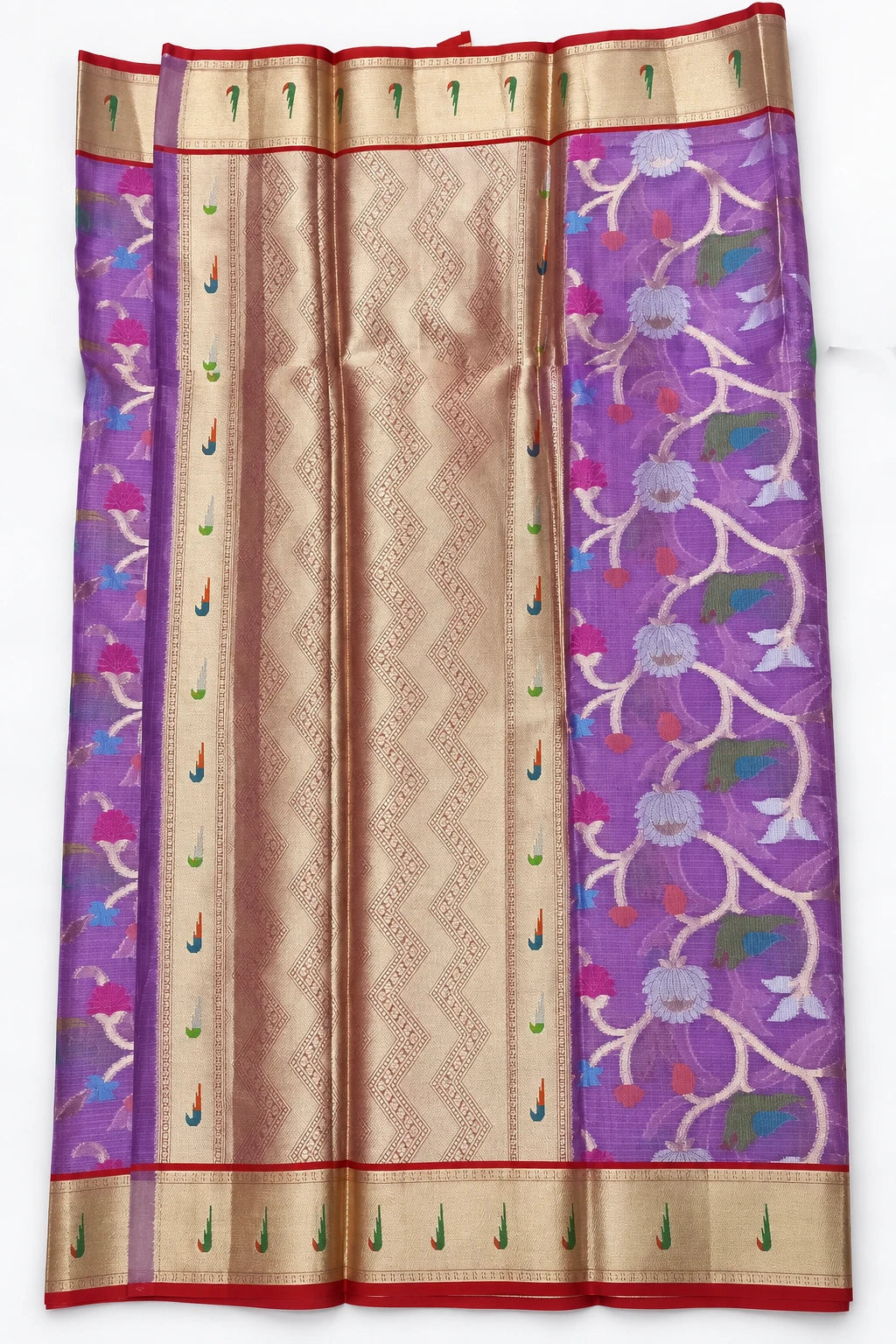 Tanvika — Violet Gold Floral Saree, retouched gold-toned pallu on a clean background