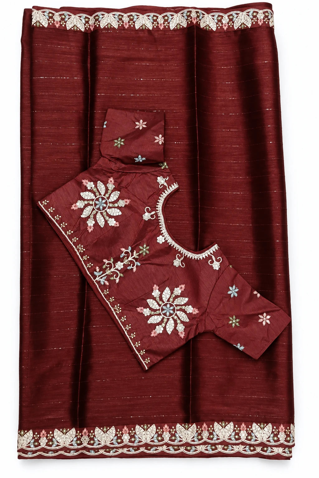Tarini — Wine Floral Scallop Saree, retouched saree & photographed blouse on a clean background