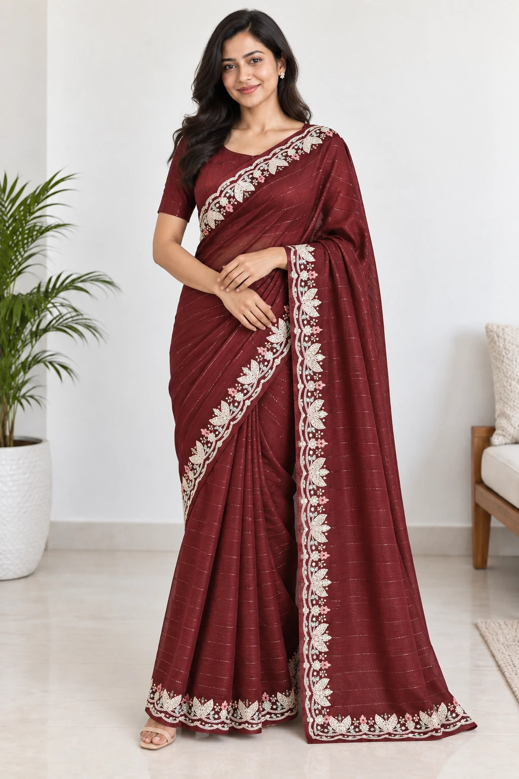 Tarini — Wine Floral Scallop Saree, model-worn styling photograph