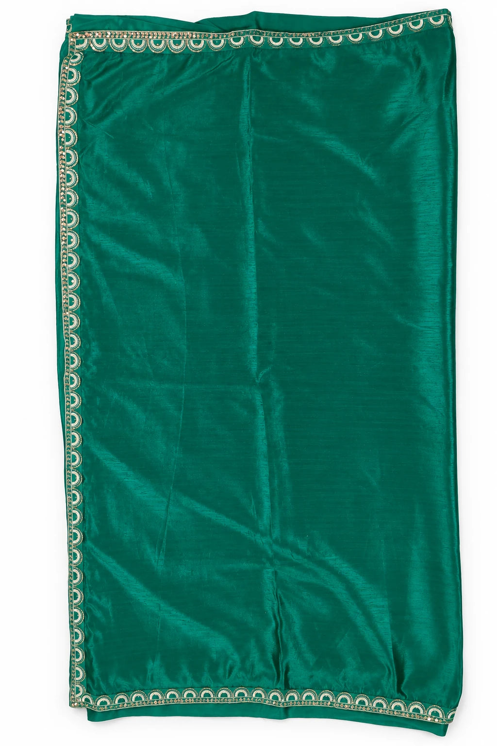 Vasudha — Emerald Scallop Border Saree, retouched body & scalloped border on a clean background