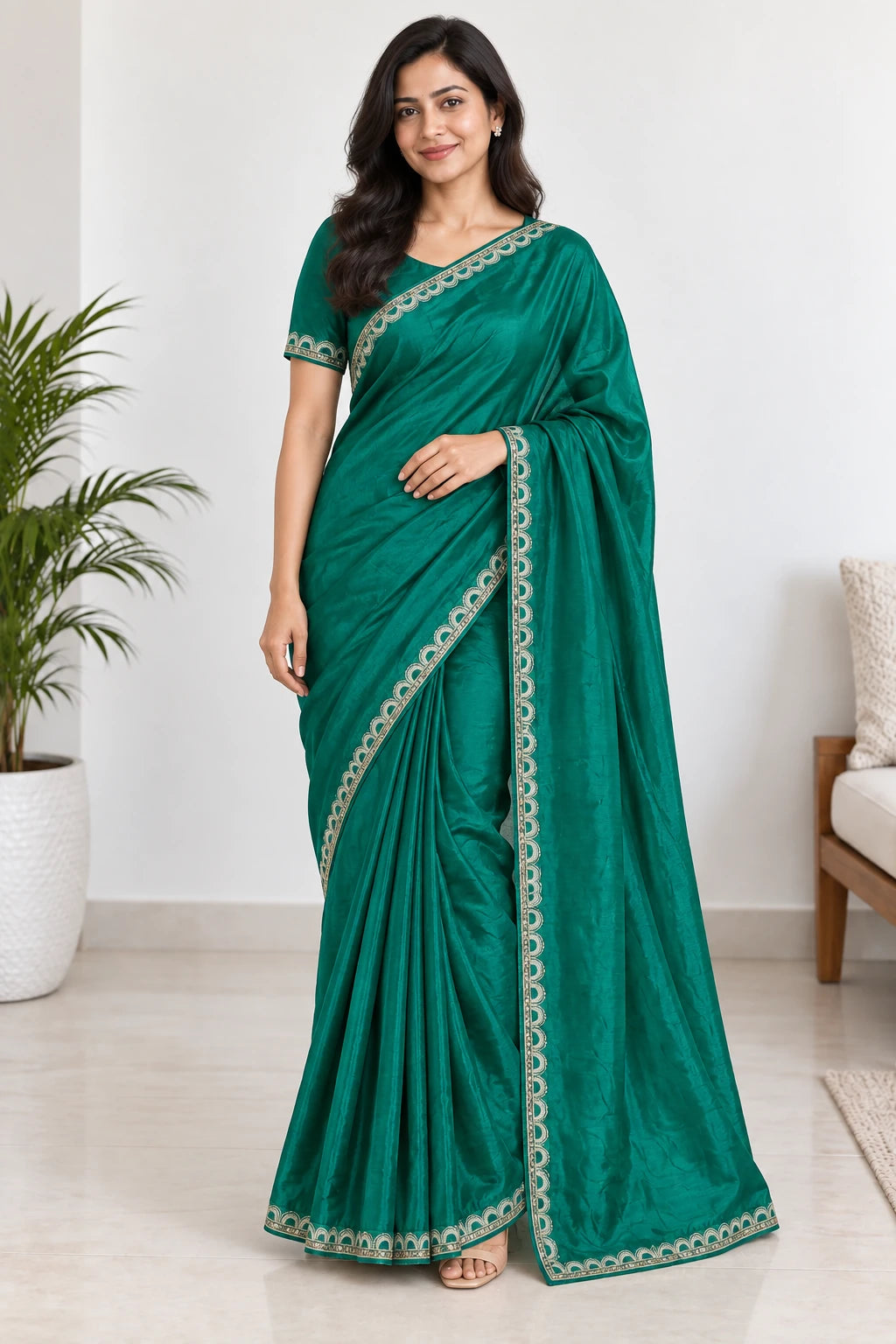 Vasudha — Emerald Scallop Border Saree, model-worn styling photograph