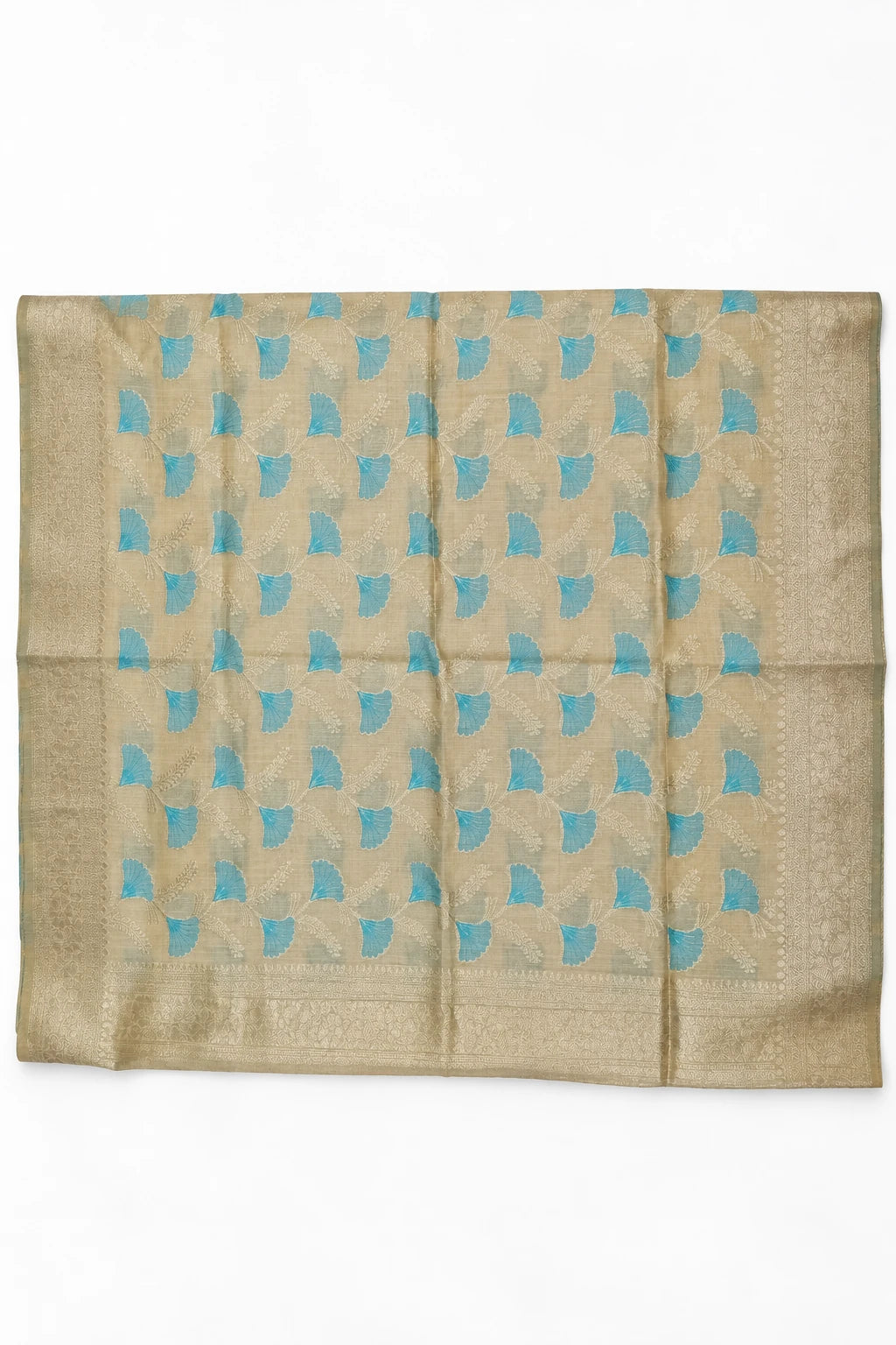Vedika — Gold Aqua Leaf Motif Saree, retouched leaf motifs & border on a clean background