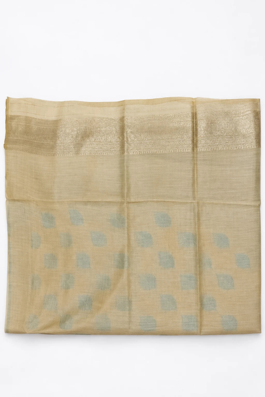 Vedika — Gold Aqua Leaf Motif Saree, retouched plain fabric detail on a clean background