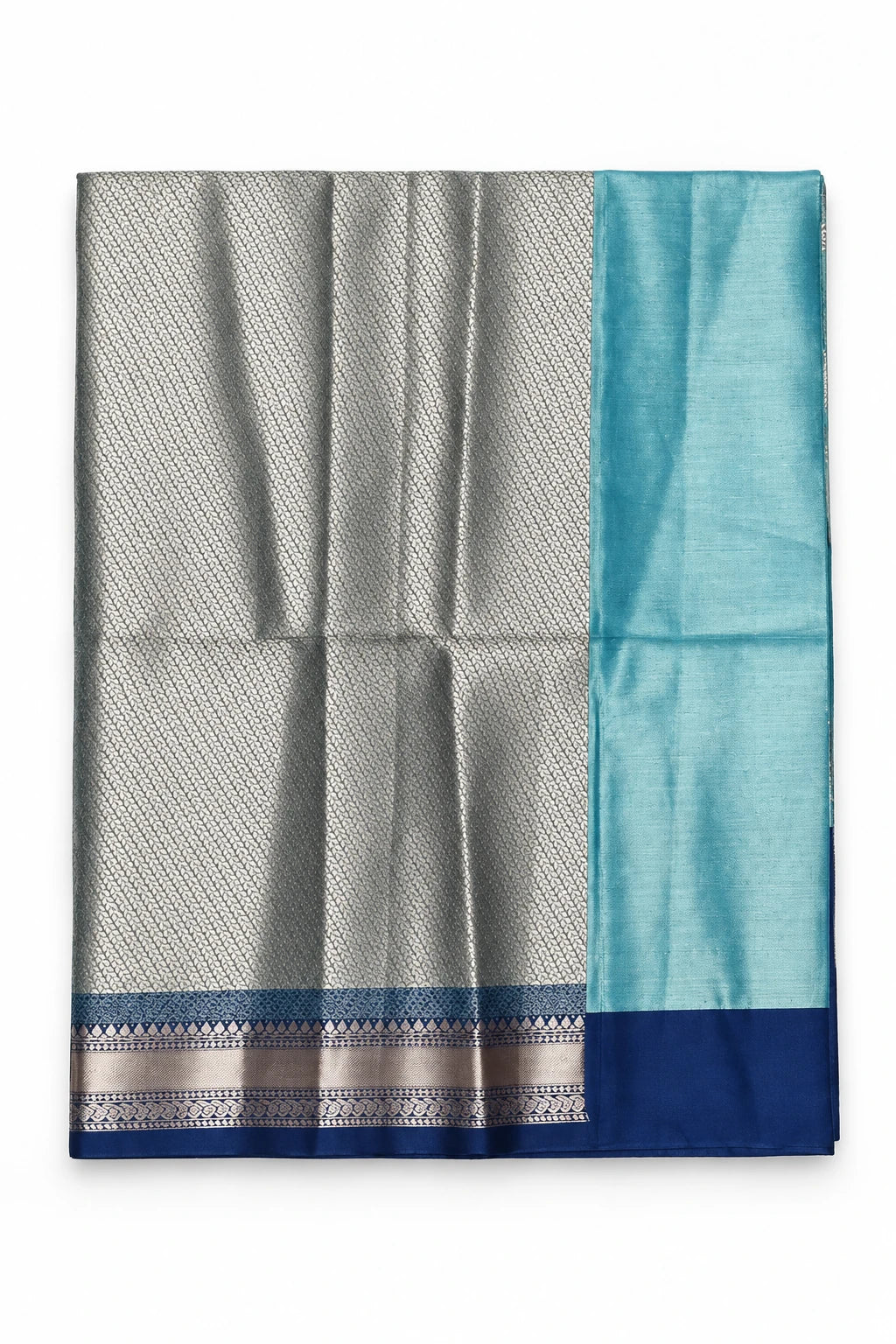 Madhavi — Aqua Navy Floral Saree, retouched coordinating fabric on a clean background