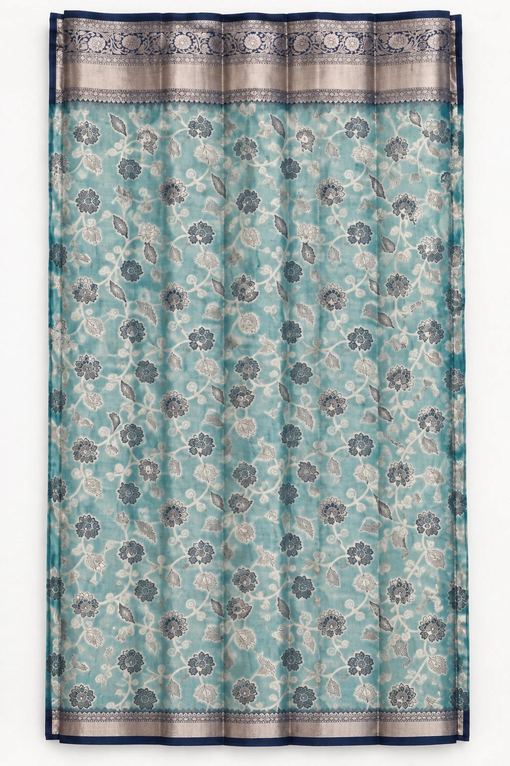 Madhavi — Aqua Navy Floral Saree, retouched floral body & navy border on a clean background