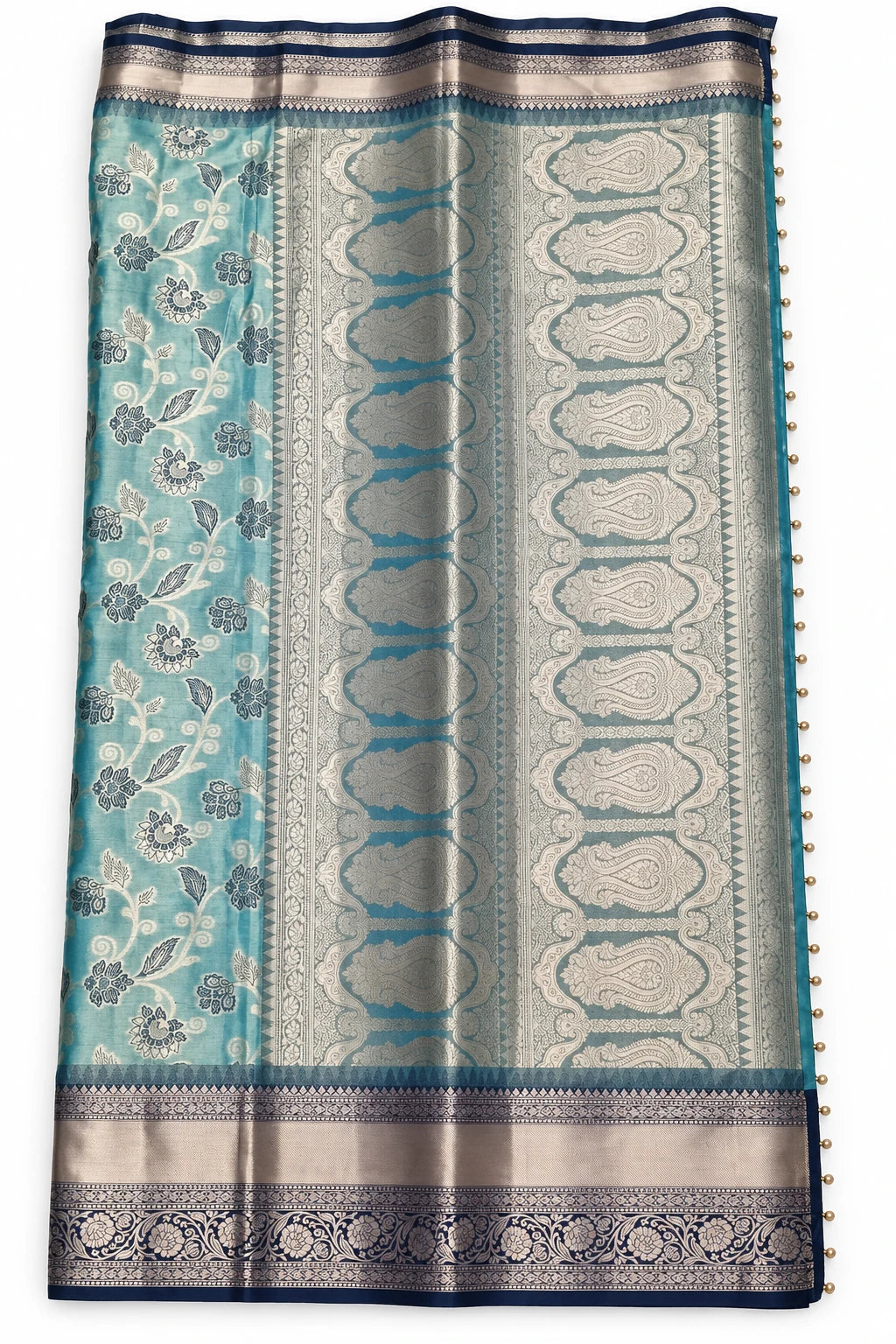 Madhavi — Aqua Navy Floral Saree, retouched ornamental pallu detail on a clean background