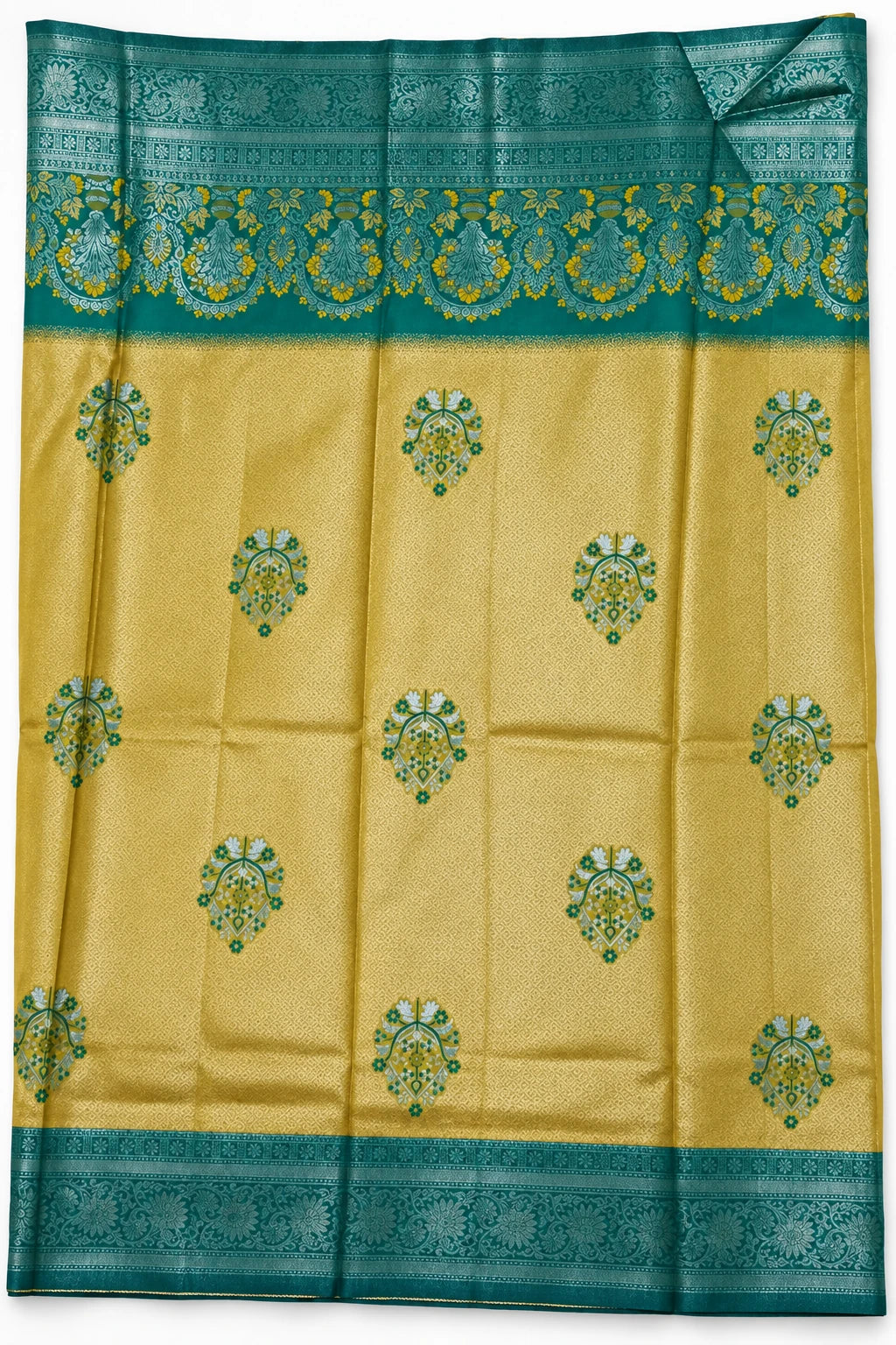 Pranitha — Gold Teal Ornamental Saree, retouched motif body & teal border on a clean background