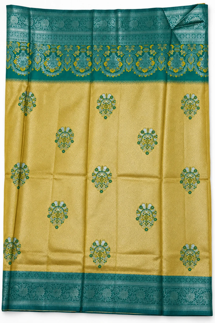 Pranitha — Gold Teal Ornamental Saree, retouched motif body & teal border on a clean background