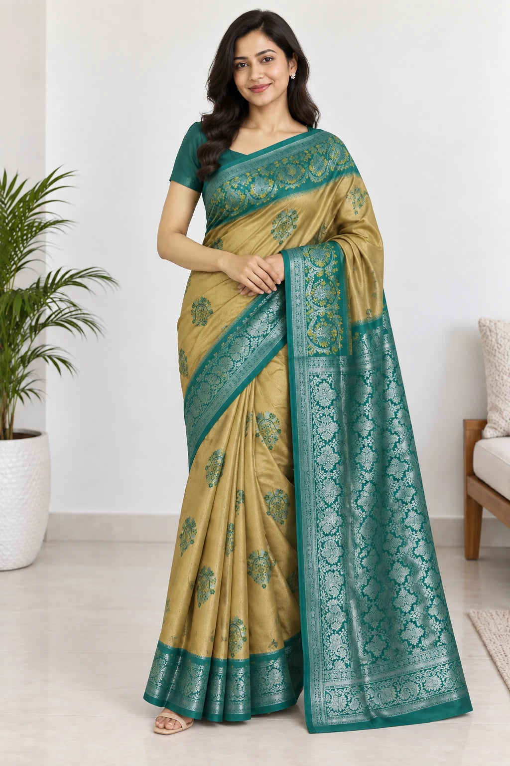 Pranitha — Gold Teal Ornamental Saree, model-worn styling photograph