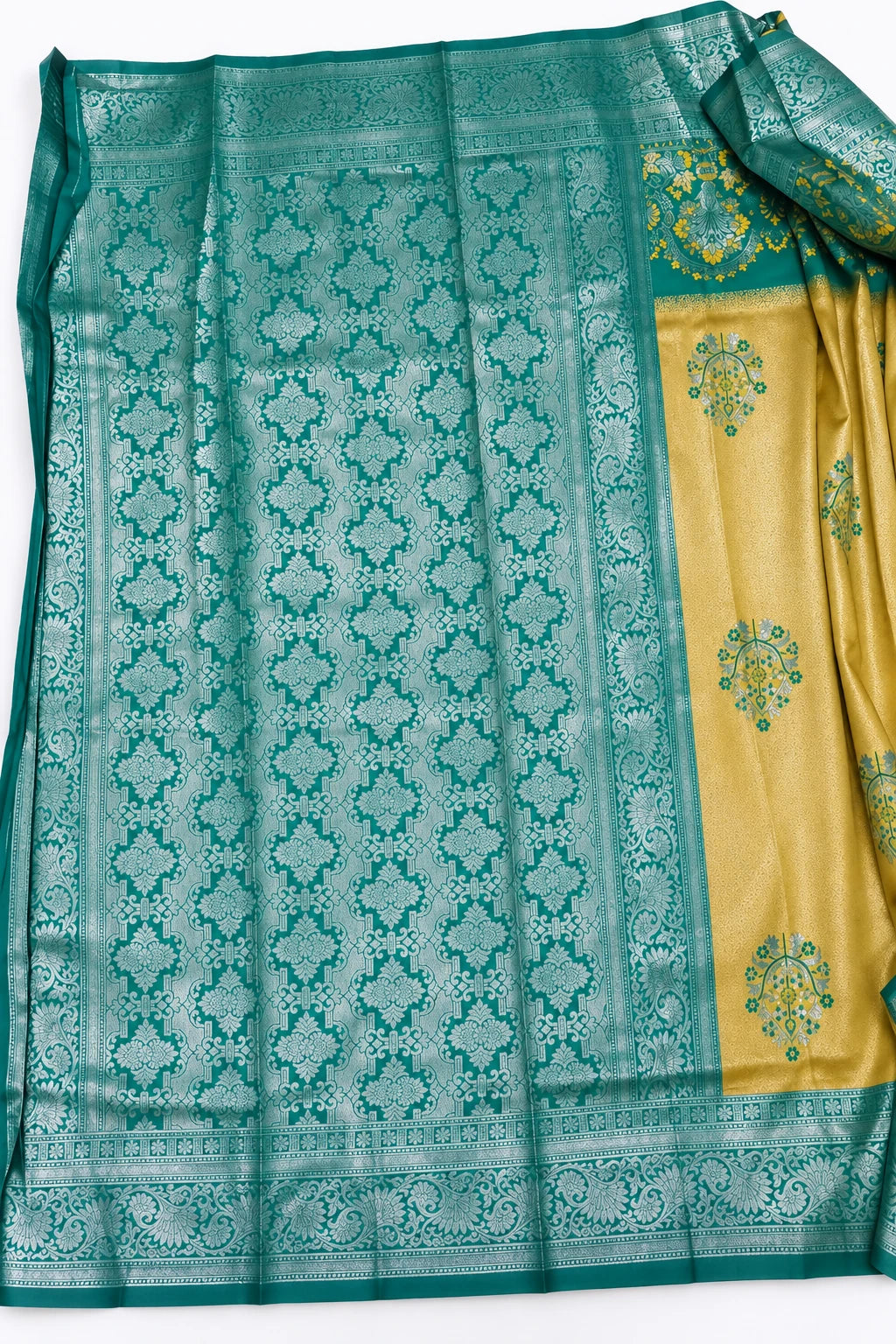 Pranitha — Gold Teal Ornamental Saree, retouched teal ornamental pallu on a clean background