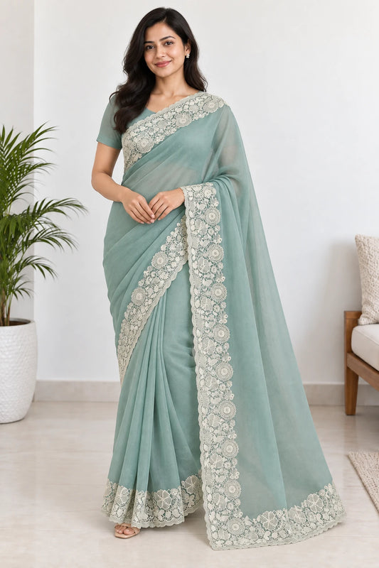 Sahana — Mist Mint Ivory Lace Saree, model-worn styling photograph
