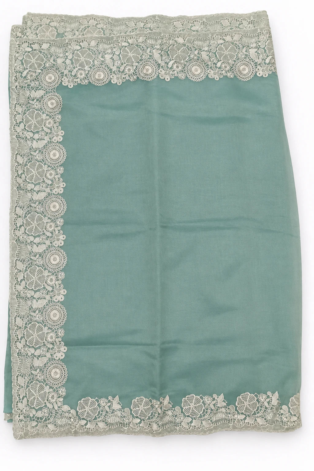 Sahana — Mist Mint Ivory Lace Saree, retouched floral-lace pallu edge on a clean background