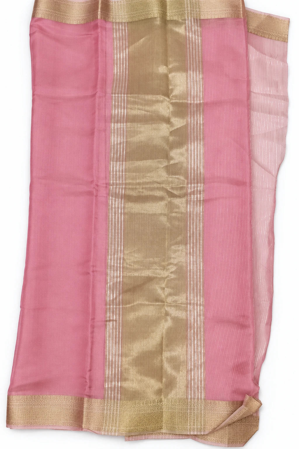 Vritika — Rose Pink Gold Border Saree, retouched gold-toned pallu panel on a clean background