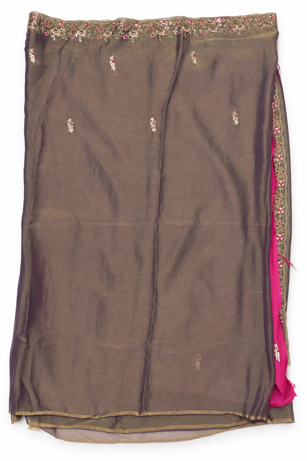 Yamini — Olive Mauve Floral Border Saree, retouched small motifs & border on a clean background