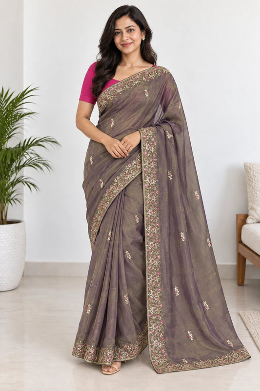 Yamini — Olive Mauve Floral Border Saree, model-worn styling photograph