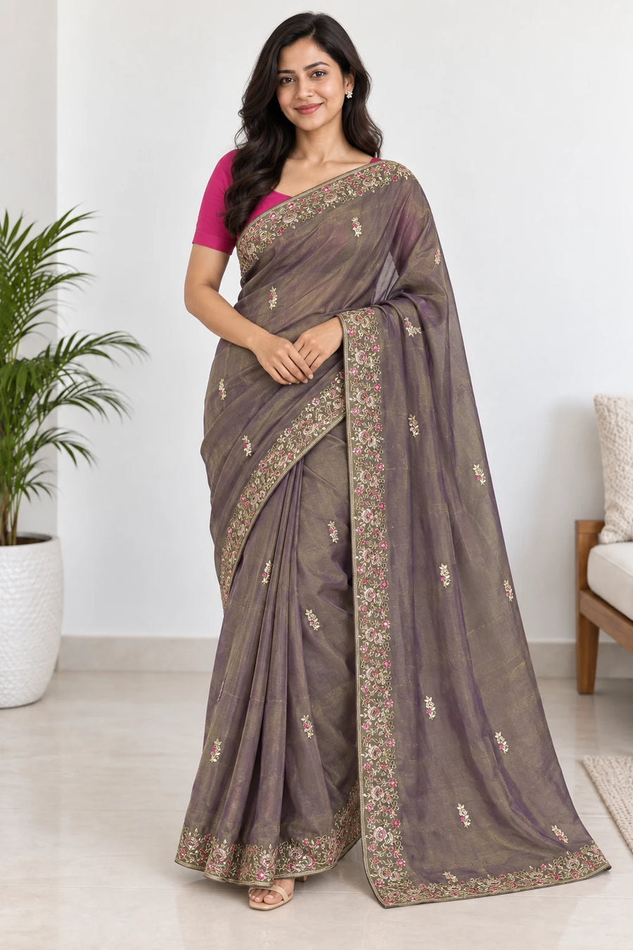 Yamini — Olive Mauve Floral Border Saree