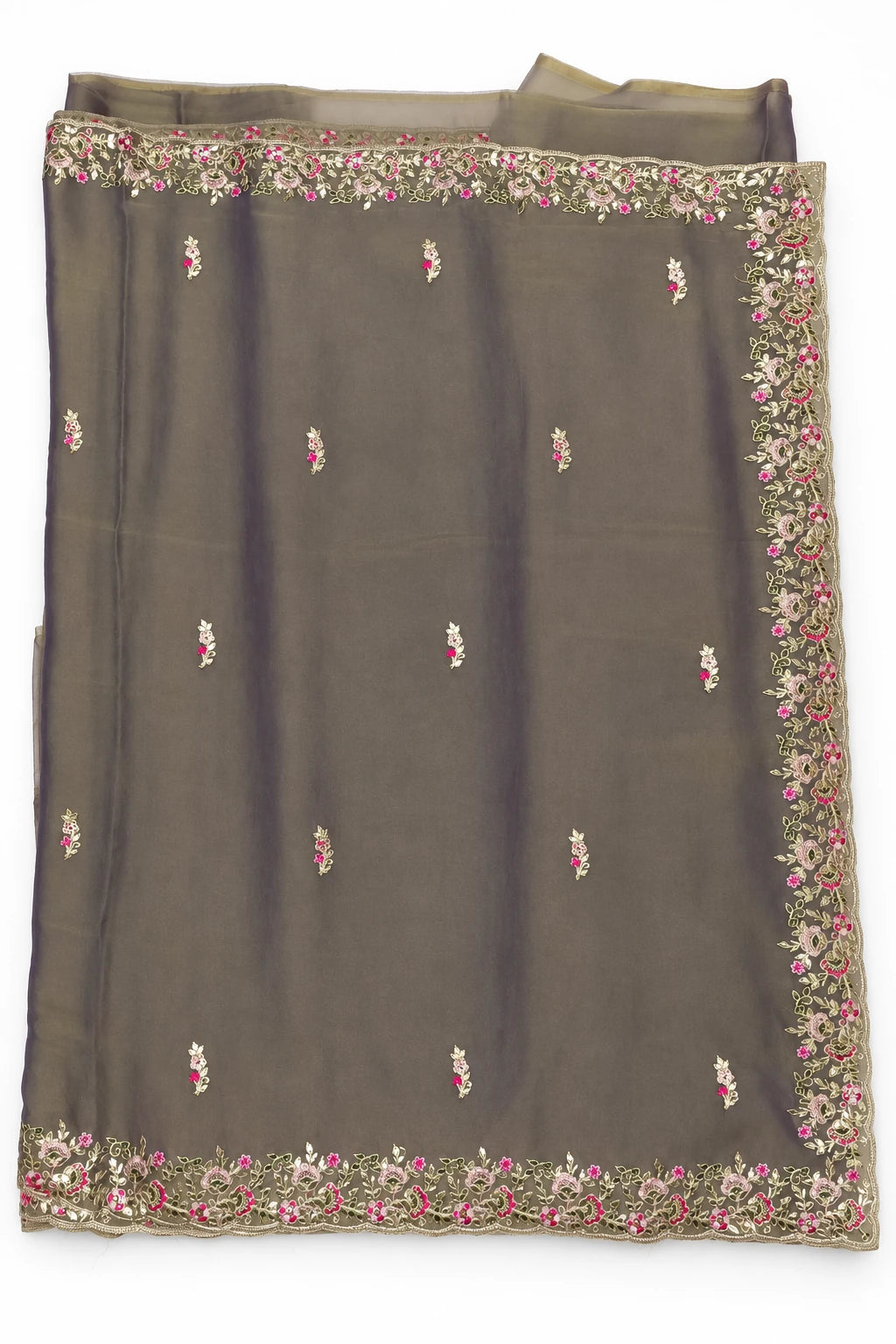 Yamini — Olive Mauve Floral Border Saree, retouched floral pallu border on a clean background