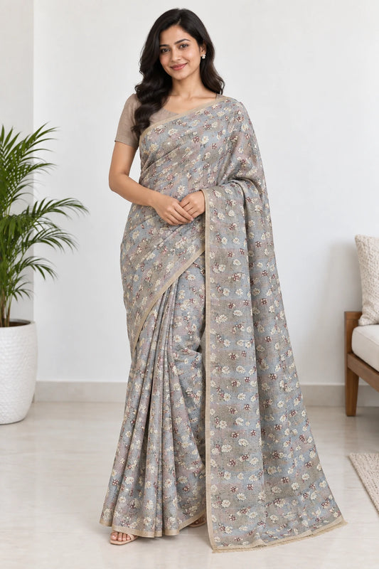 Abhira — Mist Blue Floral Saree, model-worn styling photograph